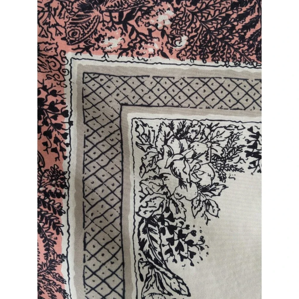 Vintage California Hand Prints Tablecloth Pink Gray Botanical Butterflies 1950s